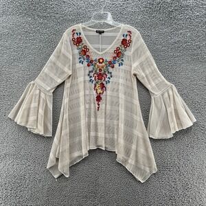 Anthropologie Dor Dor Blouse Womens Large Cream Embroidered Boho Sheer Tunic